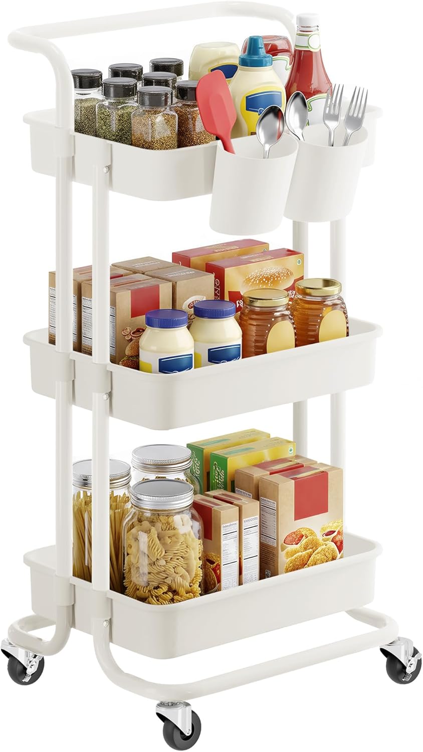 SONGMICS - chariot de rangement 3 niveaux, roulettes, freins, poignée, 2 pots, plastique, blanc - BSC067W01