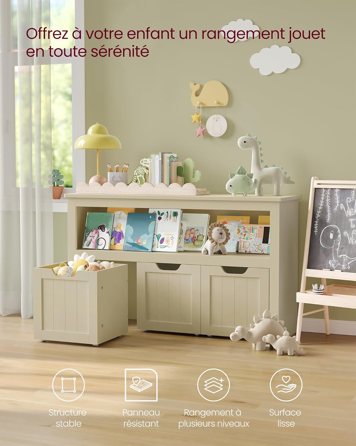 VASAGLE - meuble de rangement enfants - 30x102x60 cm - 3 bacs à roulettes, beige sable - LHS380LH01
