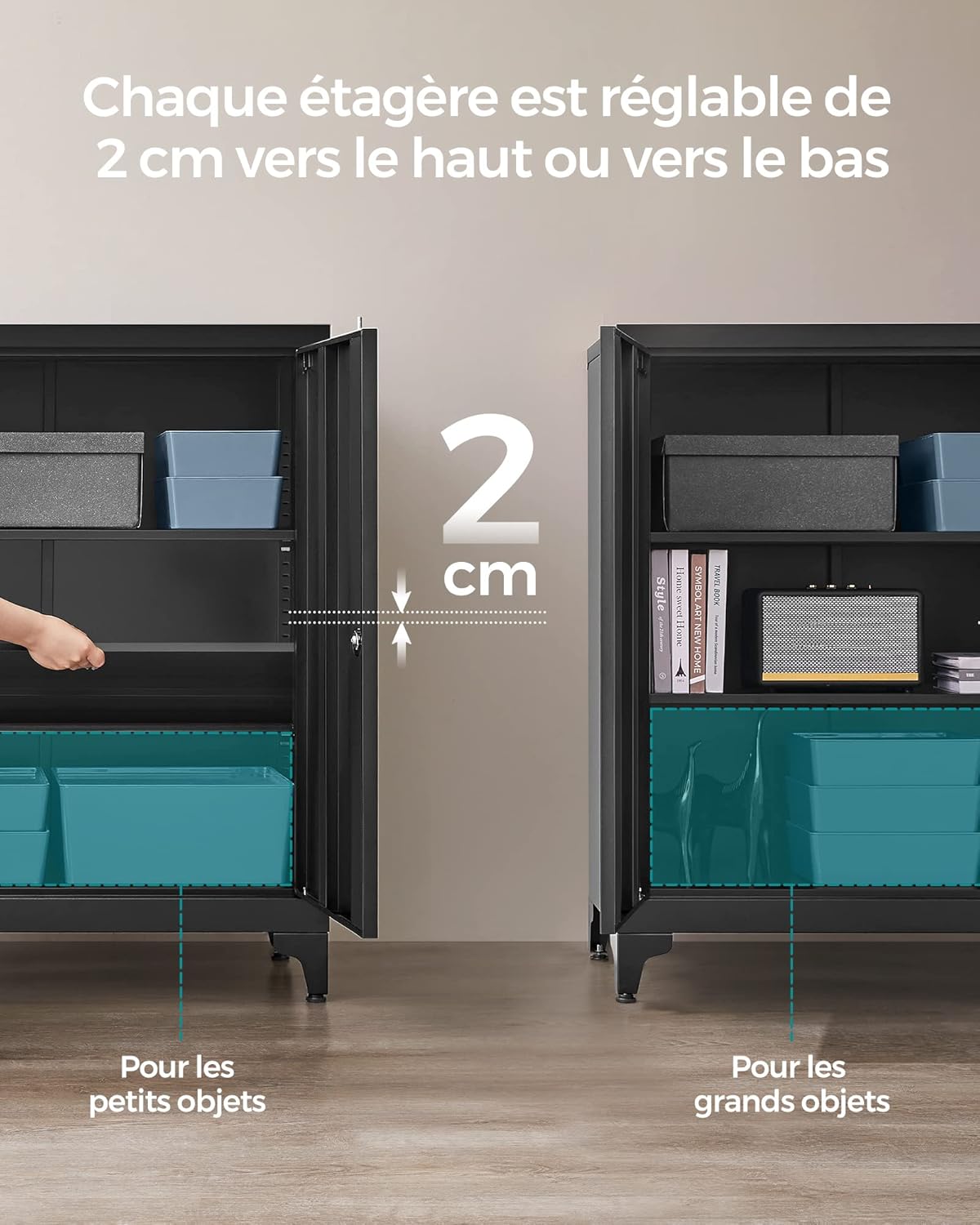 SONGMICS - caisson de bureau 2 portes acier, verrouillable, noir mat, OMC013B01