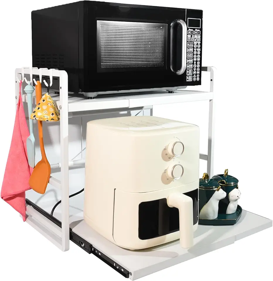 Étagère de cuisine 2 étages - réglable, extensible, tiroir - acier blanc