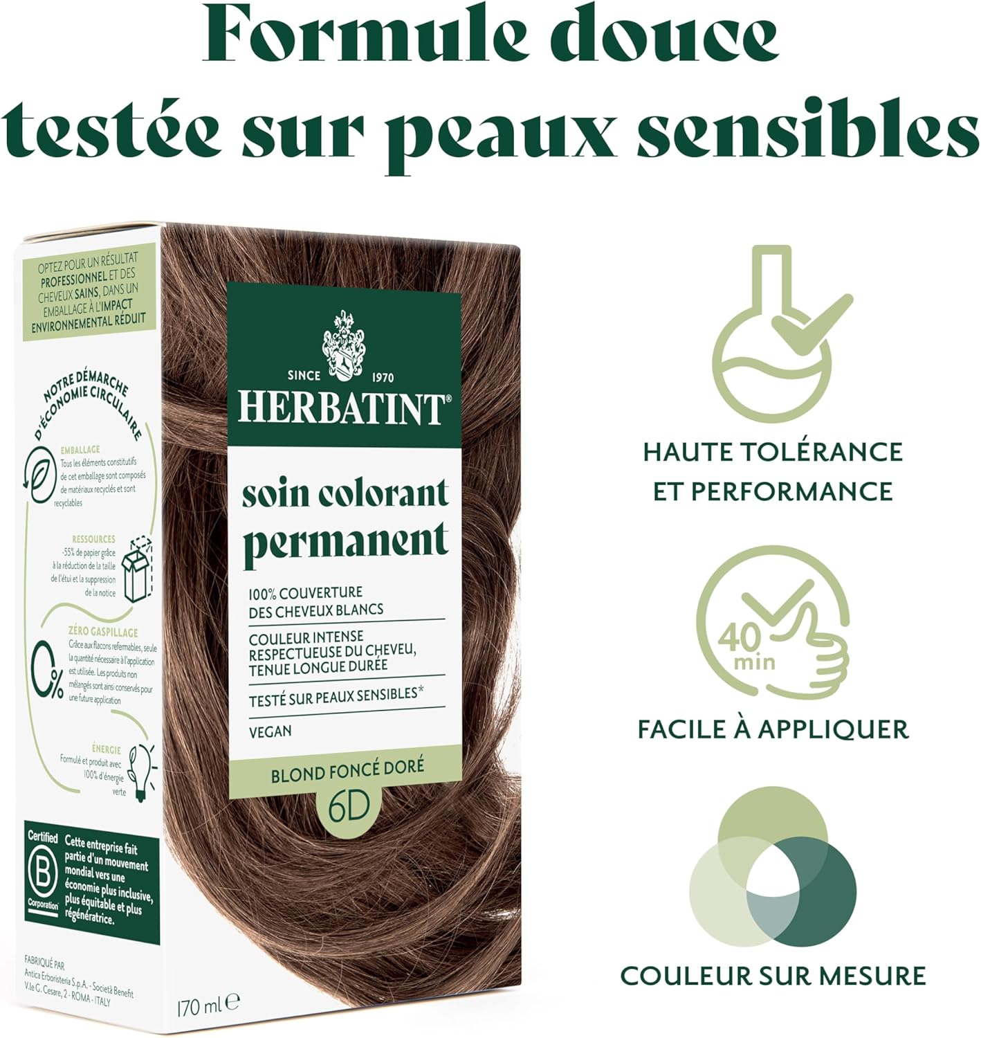 Herbatint - Soin Colorant 6D - 170ml - sans ammoniaque, couvre 100% cheveux blancs