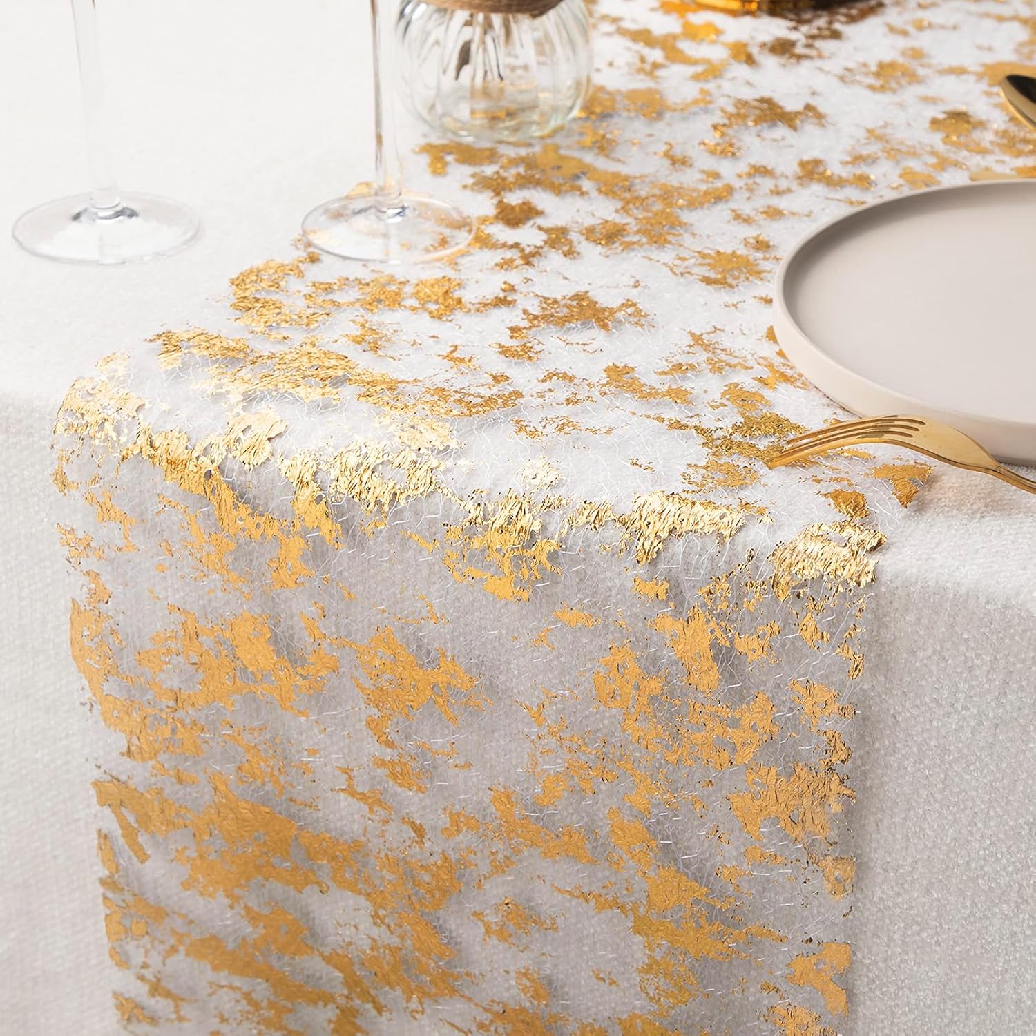 Chemin de table filet - polyester doré - 28x1000cm - Feuille d'or, déco fête