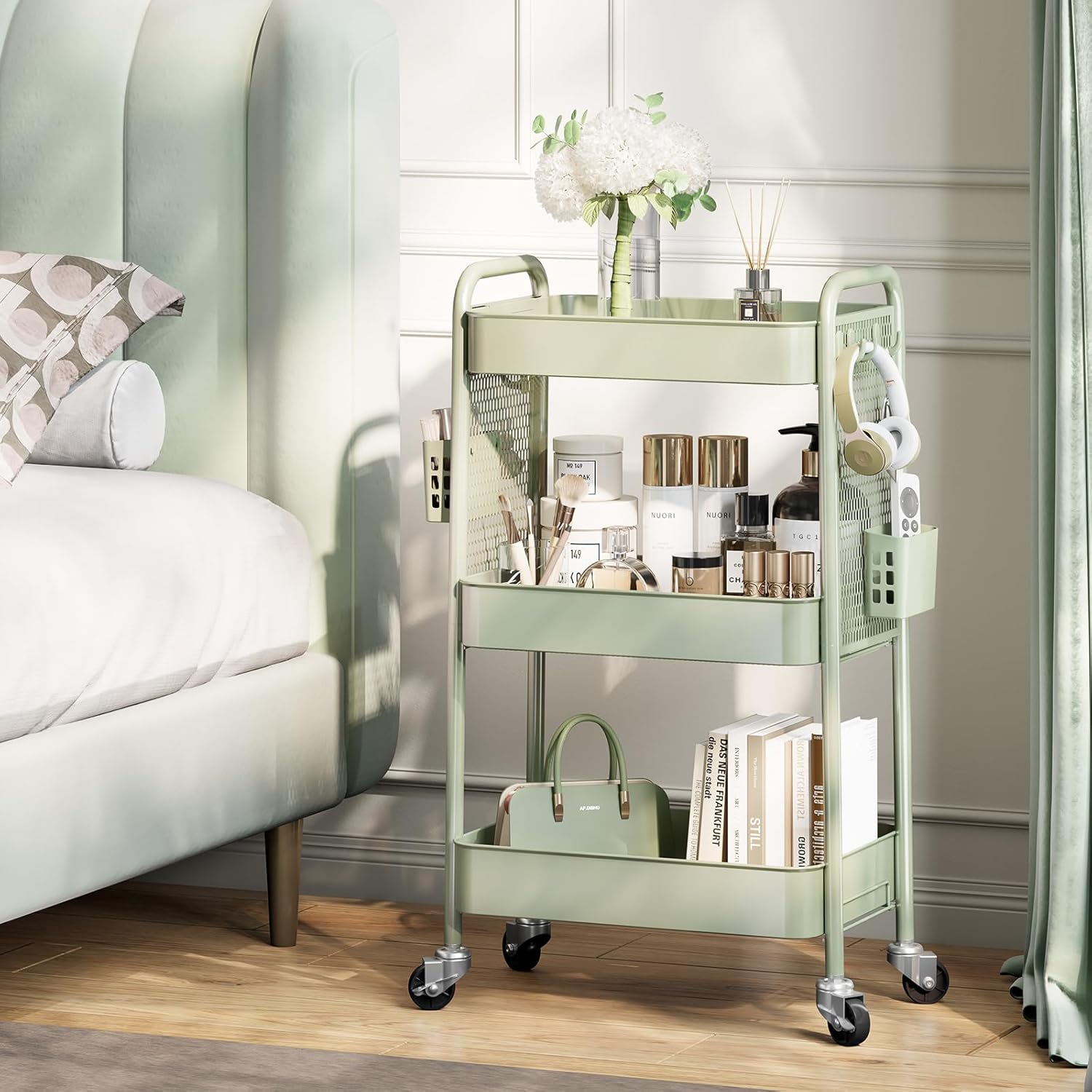 Chariot de rangement - 3 niveaux, boîtes et crochets, roulettes, vert