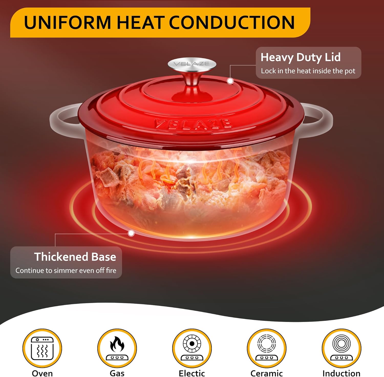 Velaze - cocotte en fonte émaillée 24cm - induction, antiadhésive, 4L