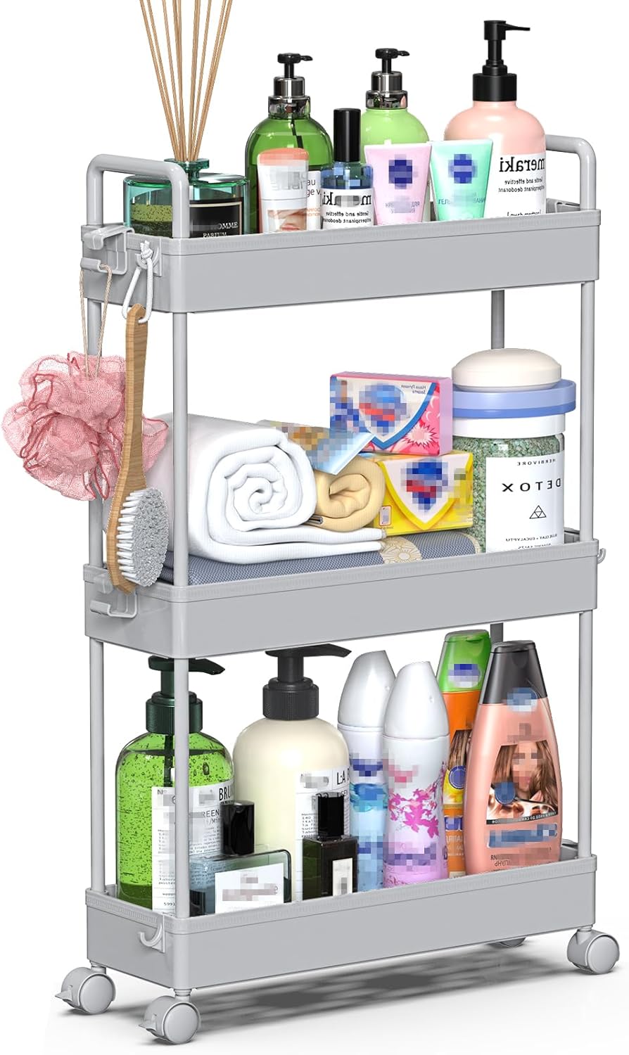 SOLEJAZZ - chariot 3 niveaux mobile gris - rangement compact cuisine, salle de bain